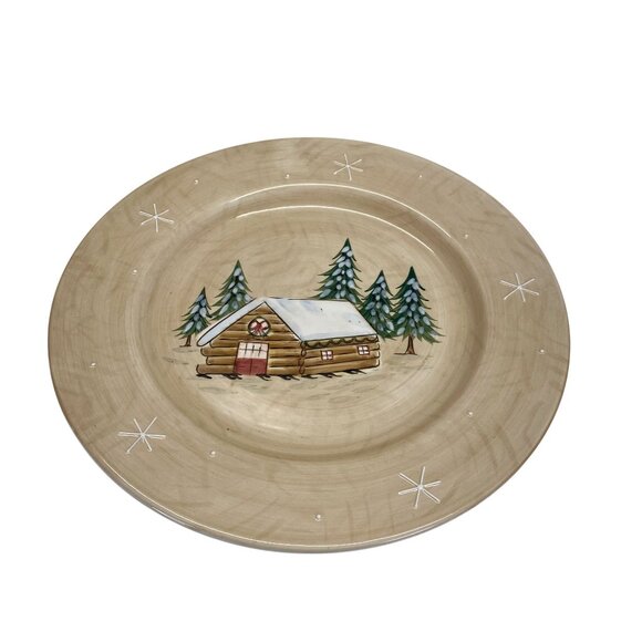 Ceramic Winter Scene Dinner Plate 11" Beige With Cabin & Snowflakes - Picture 1 of 4